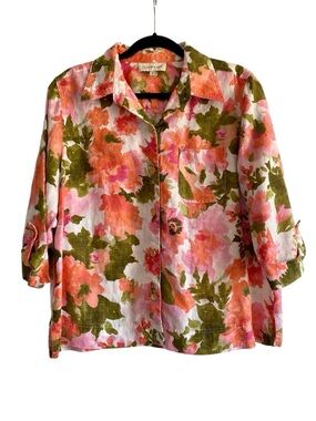 Jones New York Linen Floral Button Down Blouse Blazer Top L Pink Green